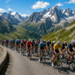 Pelotão de ciclistas enfrentando uma etapa de montanha durante o Tour de France 2026 em uma estrada inspirada nos Alpes.
